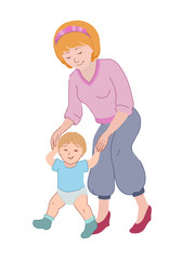 Motherday vector illustration. Mom teaches a child to walk