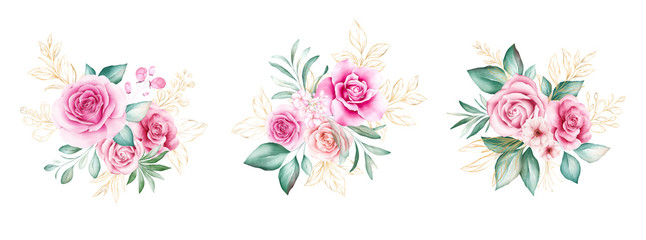Aquarell Blumenstrauß-Set. Blumenillustration, Blatt- und Knospenanordnung. Botanisches Kompositionsdesign für Hochzeit, Grußkarte isoliert weißer Hintergrund