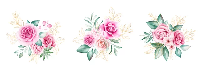 Fototapete Blumen Aquarell Blumenstrauß-Set. Blumenillustration, Blatt- und Knospenanordnung. Botanisches Kompositionsdesign für Hochzeit, Grußkarte isoliert weißer Hintergrund