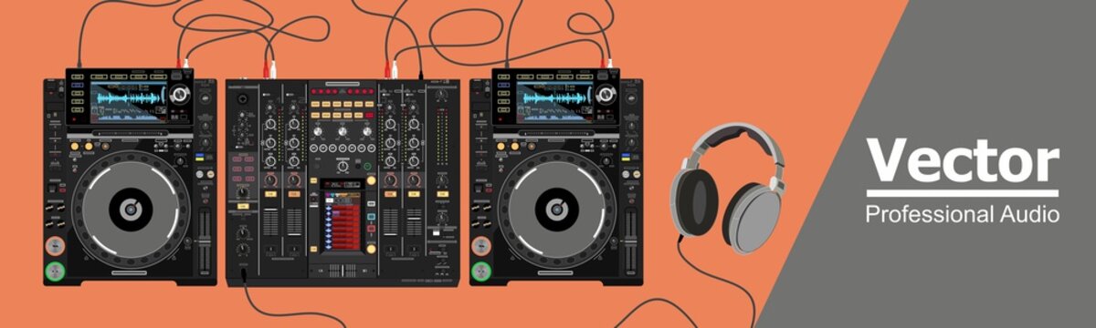 Realistic vector set of professional DJ equipment. CD players and a mixer with headphones. Illustration on the theme of nightlife. Image for a poster and flyer. Material for placement on t-shirts. 