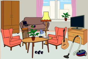 The interior of the living room, furniture and comfort. Vector image in cartoon style.