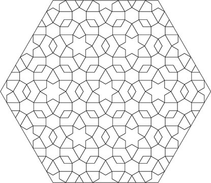 Coloring page hehagon geometrical islamic pattern. Colorless black and white ornamentation. Thin contour. A4. Stress relieving, art therapy, mental health, mindfulness.