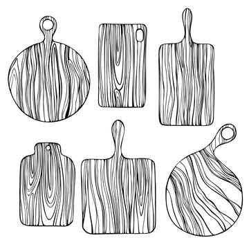 Hand drawn wooden cutting boards.     Vector sketch illustration