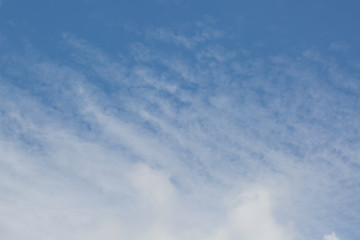 Blue sky with white clouds on a clear day, shallow depth of field, texture background. 