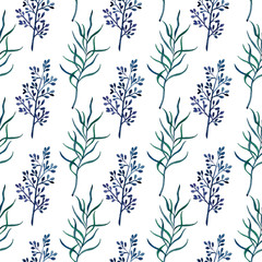 seamless pattern of watercolor plants, leaves, herbs