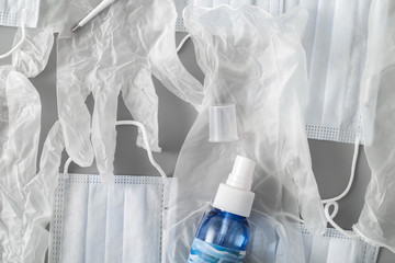 Antiviral personal protective equipment during quarantine, medical masks, gloves and antibacterial hand spray