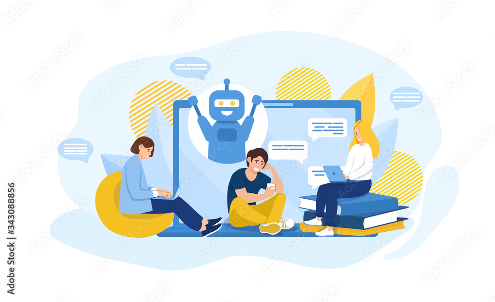 Poster online chatbot communication concept with a bot on a computer screen with speech bubbles and three p