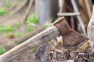 An old ax stuck in a tree with a bokeh effect. Iron ax built into an old stump