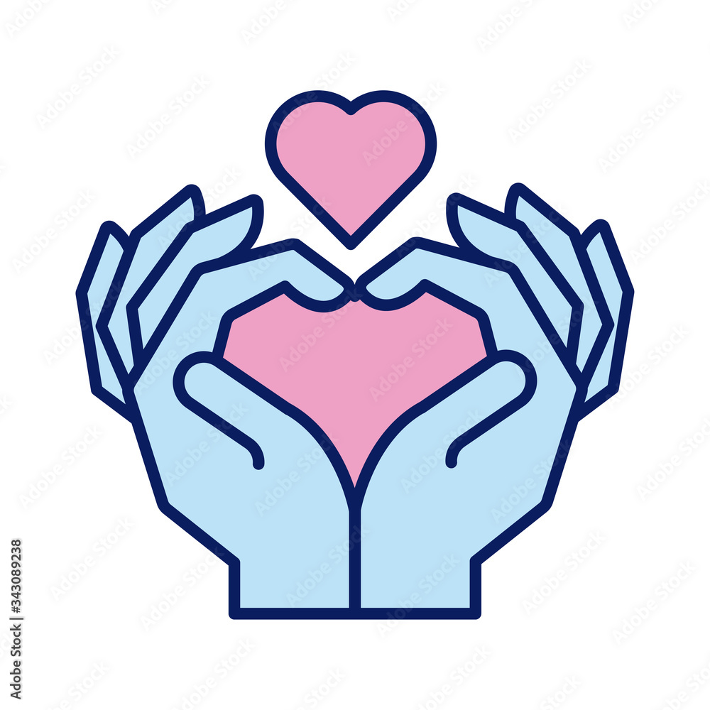 Poster hands human lifting heart solidarity line and fill style