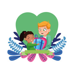 young father with little daughter in heart floral frame