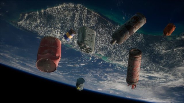 Space debris, pollution of the atmosphere of the planet Earth and space by human waste. Elements furnished by NASA