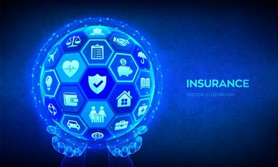 Insurance Services Concept. Car, travel, family, real estate, education, intellectual property, financial and health insurance. Abstract 3D sphere or globe with icons in hands. Vector illustration.
