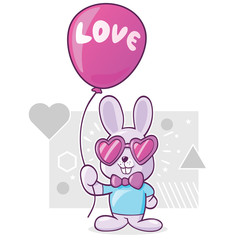 cute rabbit with heart-shaped sunglasses holds a balloon with a love sign
