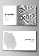 The minimalistic abstract vector illustration layout of two creative business cards design templates. Abstract 3D geometrical background with optical illusion black and white design pattern.