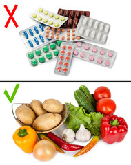Healthy lifestyle concept. Pills and Health Food