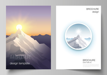 Vector layout of A4 format modern cover mockups design templates for brochure, magazine, flyer, booklet, report. Mountain illustration, outdoor adventure. Travel concept background. Flat design vector