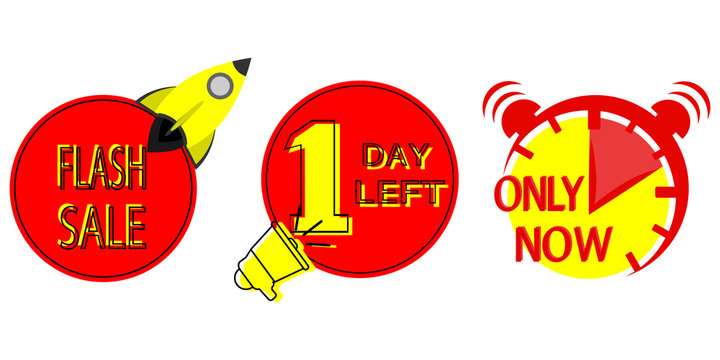 Sale countdown badges. Flash sale banner, one day left and only now promo stickers. Male hand holding megaphone with one day left speech bubble
