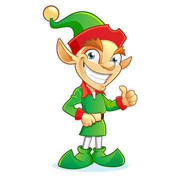 Smiling Christmas elf cartoon character showing thumbs up sign
