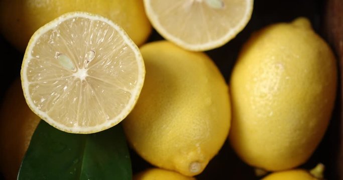 Ripe juicy lemons slowly rotate.