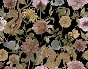 vintage seamless asian traditional patterns. Japanese painted flowers peonies, chrysanthemums, dahlias and dragon