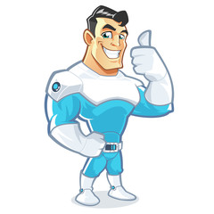 Strong Superhero cartoon character shows thumb up sign
