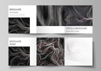 The black colored minimal vector illustration layout. Modern creative covers design templates for trifold square brochure or flyer. 3D grid surface, wavy vector background with ripple effect.