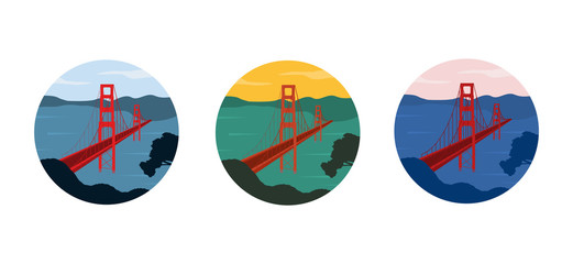 Set of Golden Gate bridge illustrations in different colors shaped in round badge. Red bridge across the ocean. San Francisco, California, United States of America.