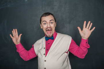 Surprised Funny thick teacher or business man on blackboard