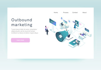 Obraz na płótnie Canvas Outbound marketing concept in isometric design. Landing page template. Online and offline business promotion and interruption to interact with people for future bargains. Vector illustration