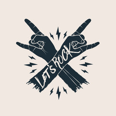 Two crossed rock hands gesture with let's rock caption. Rock music label concept for poster or sticker design. Isolated on white background. Vector illustration. - obrazy, fototapety, plakaty