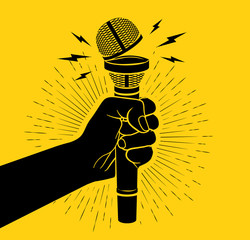 Arm black silhouette holding microphone with opened cup. Open mic concept. Isolated on yellow background. Vector illustration - obrazy, fototapety, plakaty