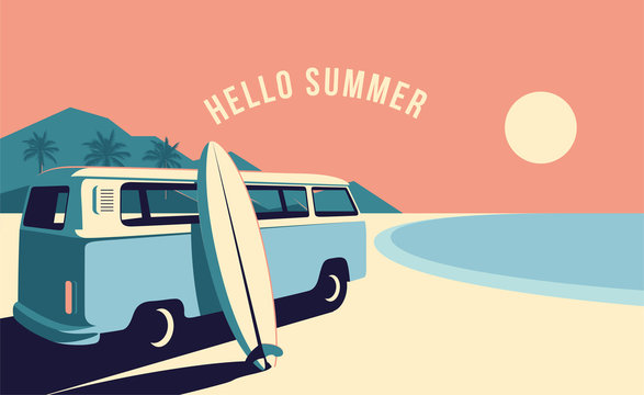 Surfing van and surfboard at the beach with mountains landscape on background. Summer time vacation banner design template. Vintage styled minimalistic vector illustration.