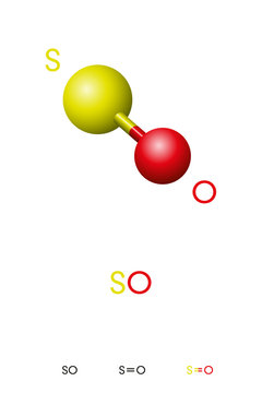 Sulfur monoxide, SO, molecule model and chemical formula. Sulfur oxide, an inorganic compound and colorless gas. Ball-and-stick model, geometric structure and structural formula. Illustration. Vector.