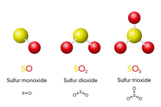 Three sulfur oxides, molecule models and chemical formulas. Sulfur monoxide, dioxide and trioxide, SO, SO2, SO3. Ball-and-stick model, geometric structure and structural formula. Illustration. Vector.