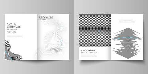 The vector layout of two A4 format modern cover mockups design templates for bifold brochure, magazine, flyer, booklet, report. Abstract big data visualization concept backgrounds with lines and cubes