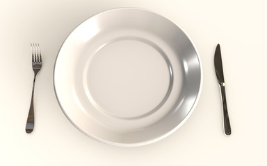 Table plate isolated on white background with a fork and a knife