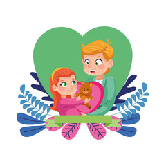 young father with little daughter in heart floral frame