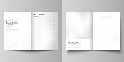 Fototapeta premium Vector layout of two A4 cover mockups design templates for bifold brochure, flyer, cover design, book design. Abstract halftone effect decoration with dots. Dotted pattern for grunge style decoration.