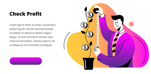 A man measures the height of the money tree with a ruler. Template for a horizontal banner.