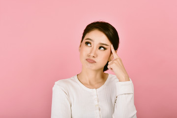 Thoughtful confused and dizzy asian woman, Girl's face expression feeling worry messy problems on...