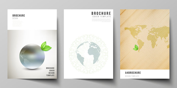 Vector layout of A4 format cover mockups design templates for brochure, flyer, booklet, cover design, book design, brochure cover. Save Earth planet concept. Sustainable development global concept.