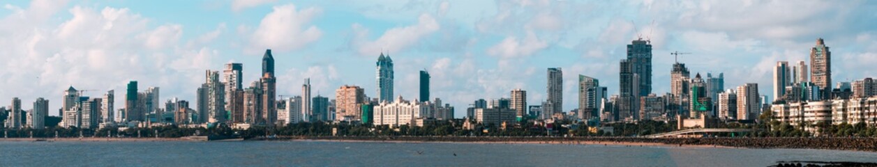 A panorama of the skyline as seen from Marine Drive, South Mumbai. The panorama begins with Kemps...
