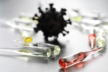 Worldwide pneumonia pandemic. The virus from China. Coronovirus molecule printed model on a 3D...