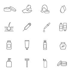 Beauty and makeup vector icons. Set of Cream, Serum drop and Face gel or lotion linear icons. Oil, Vitamin E and Collagen symbols.