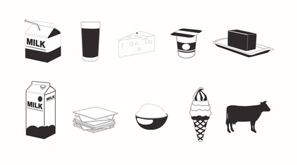 Black and White Dairy Productos Icons Set