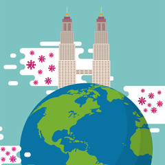 Naklejka premium covid19 pandemic particles with earth planet and Petronas Towers