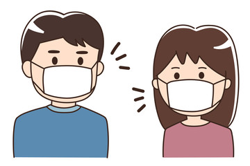 Talking couple wearing a medical face mask. Vector illustration isolated on white background.