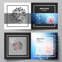 Vector layout of two cover templates for square bifold brochure, flyer, cover design, book design, brochure cover. 3d medical background of corona virus. Covid 19, coronavirus infection. Virus concept