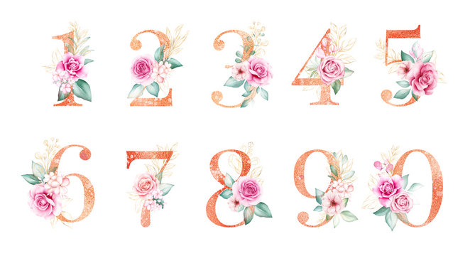 Gold watercolor floral number. Digits 1, 2, 3, 4, 5, 6, 7, 8, 9, 0 with botanic decoration. Glitter flowers for wedding invites composition and other design concept