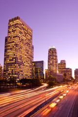 Fototapeta na wymiar Skyscrapers at downtown financial district and Harbor Freeway, Los Angeles, California, United States